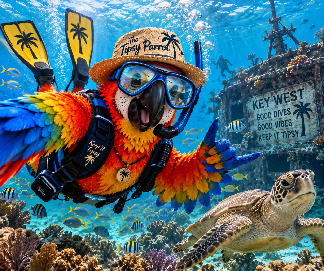 Colorful parrot wearing scuba gear and a straw hat with 'The Tipsy Parrot' written on it, underwater with a sea turtle, coral, and fishing signs in the background.