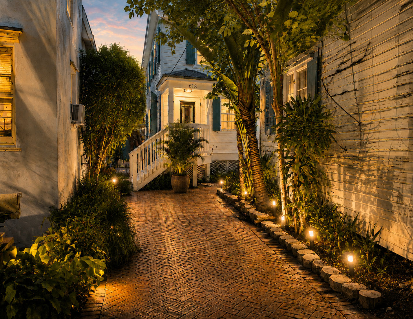 A brick pathway lined with illuminated garden lights leading to a white house with blue shutters, surrounded by lush tropical plants and trees in the evening.