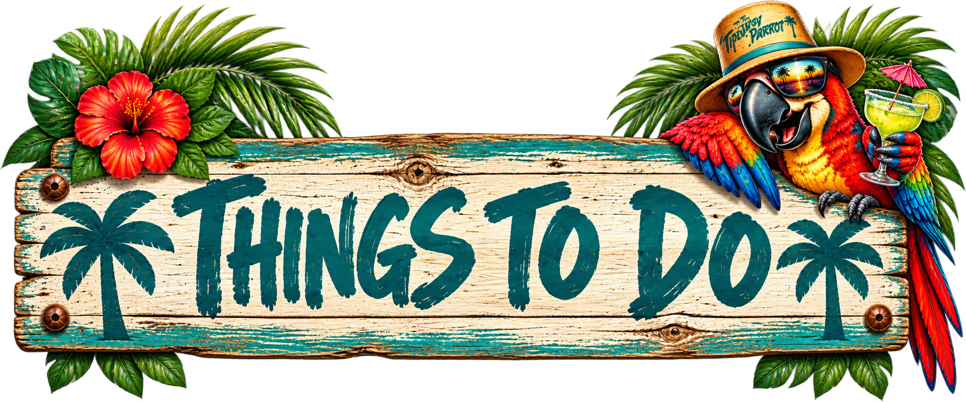 Colorful sign with the words 'Things to Do' on a distressed wooden plank, decorated with tropical flowers, palm trees, and a cartoon parrot wearing sunglasses, a hat, and holding a cocktail.