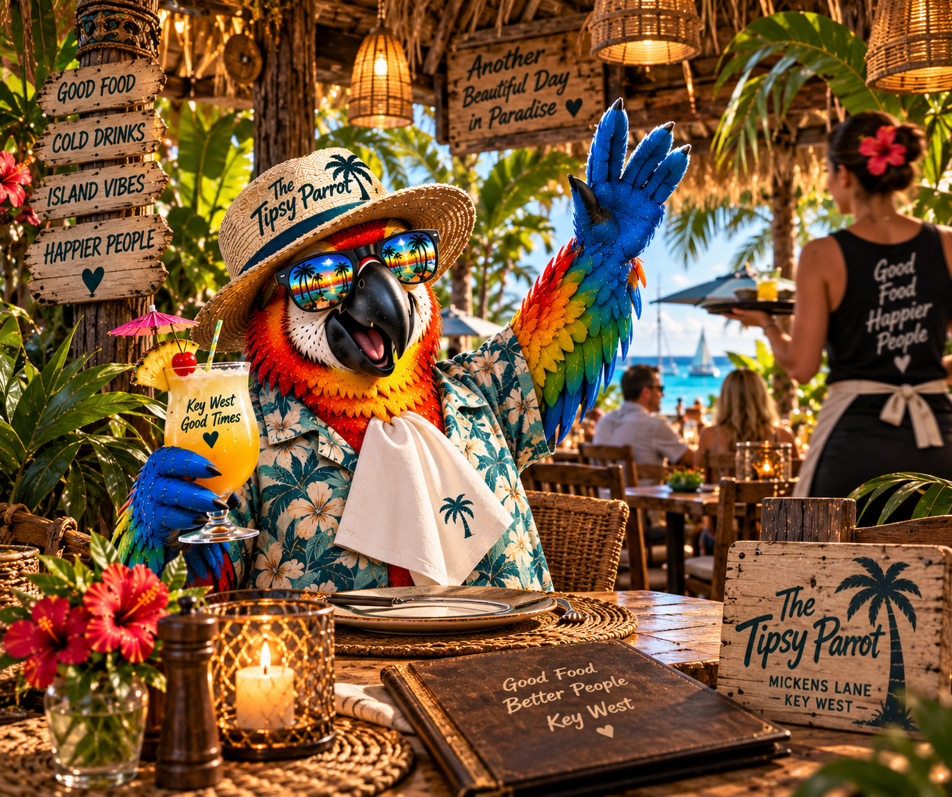 A colorful parrot mascot wearing sunglasses, a tropical shirt, and a straw hat, sitting at a tropical-themed restaurant table with a drink, in a beachside setting with palm trees, outdoor seating, and ocean view. The mascot is waving and the scene has tropical decorations, signs, and a lively atmosphere.