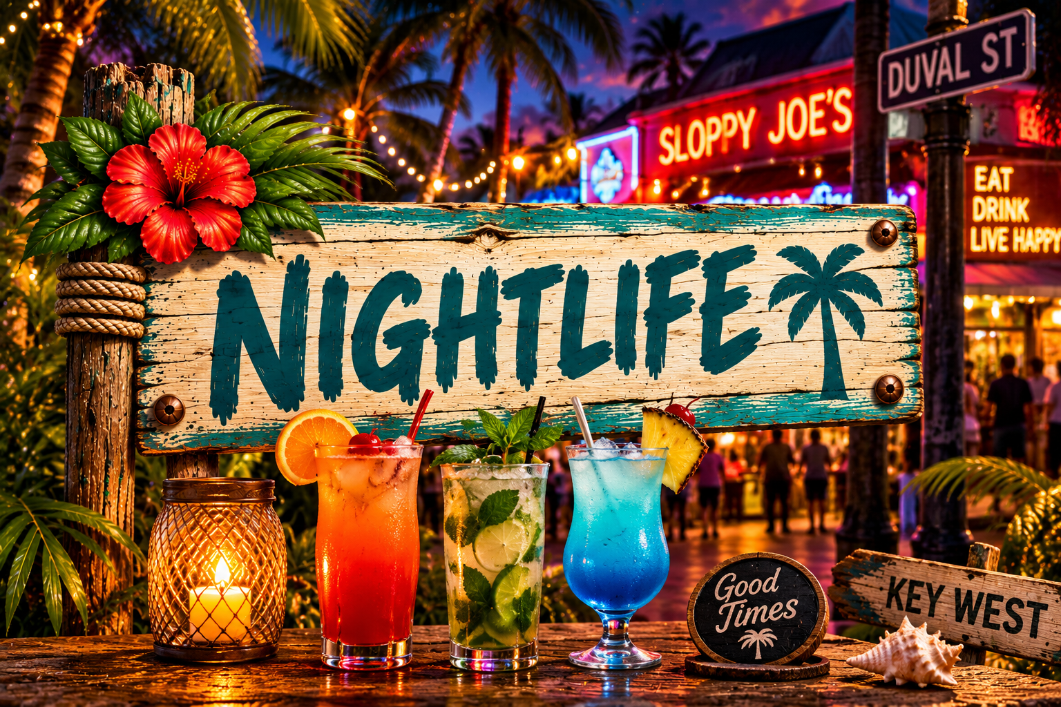 A brightly lit tropical outdoor bar scene at night with colorful drinks, a candle lantern, a wooden 'Nightlife' sign with a palm tree illustration, and tropical flowers in the foreground. In the background, neon signs advertising a restaurant, street sign, and ambiance suggest a lively nightlife atmosphere.