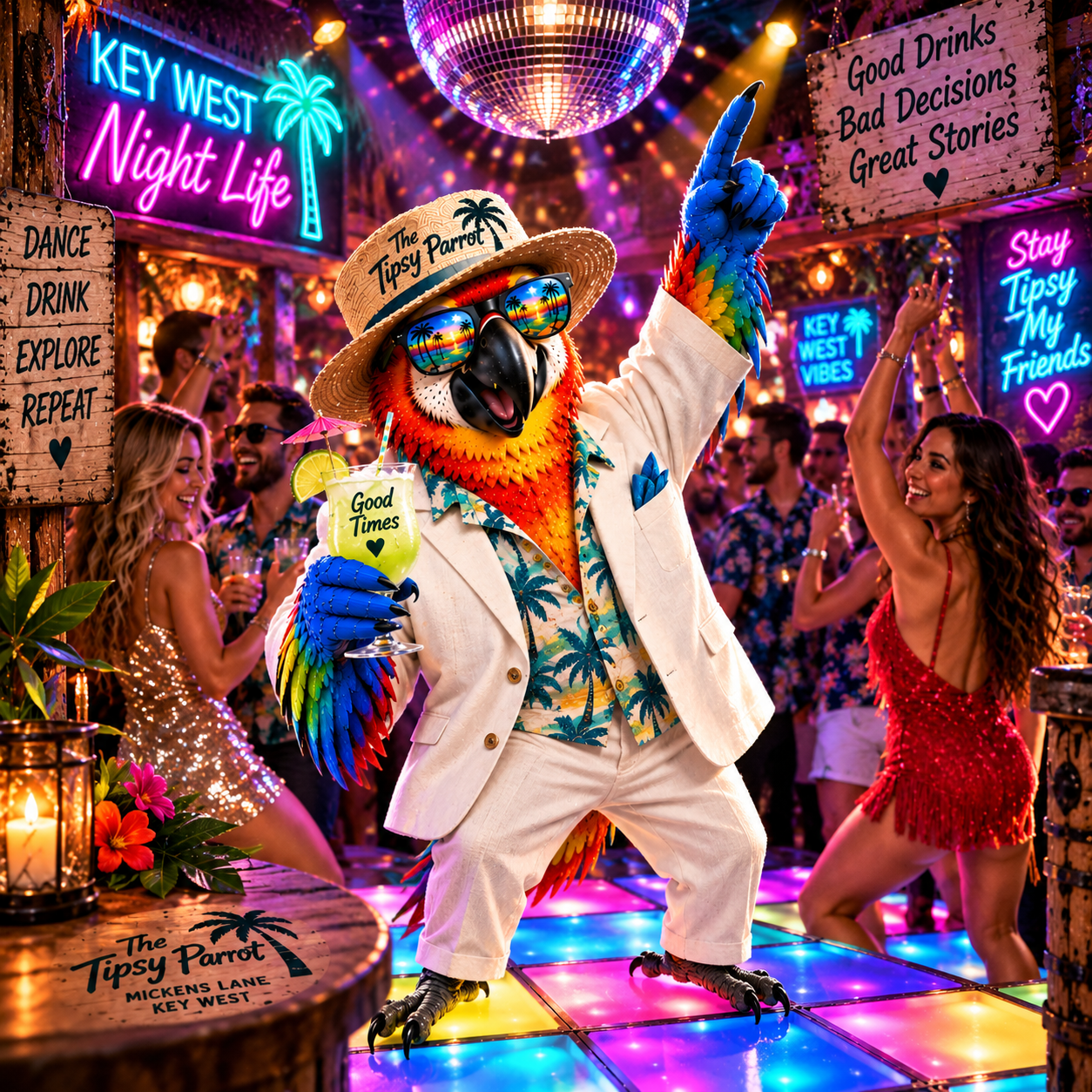 A colorful party scene at Key West Night Life with a person in a parrot costume wearing sunglasses, a hat, and holding a drink, dancing on a multicolored light-up dance floor. Neon signs, lanterns, and smiling people dancing surround them.