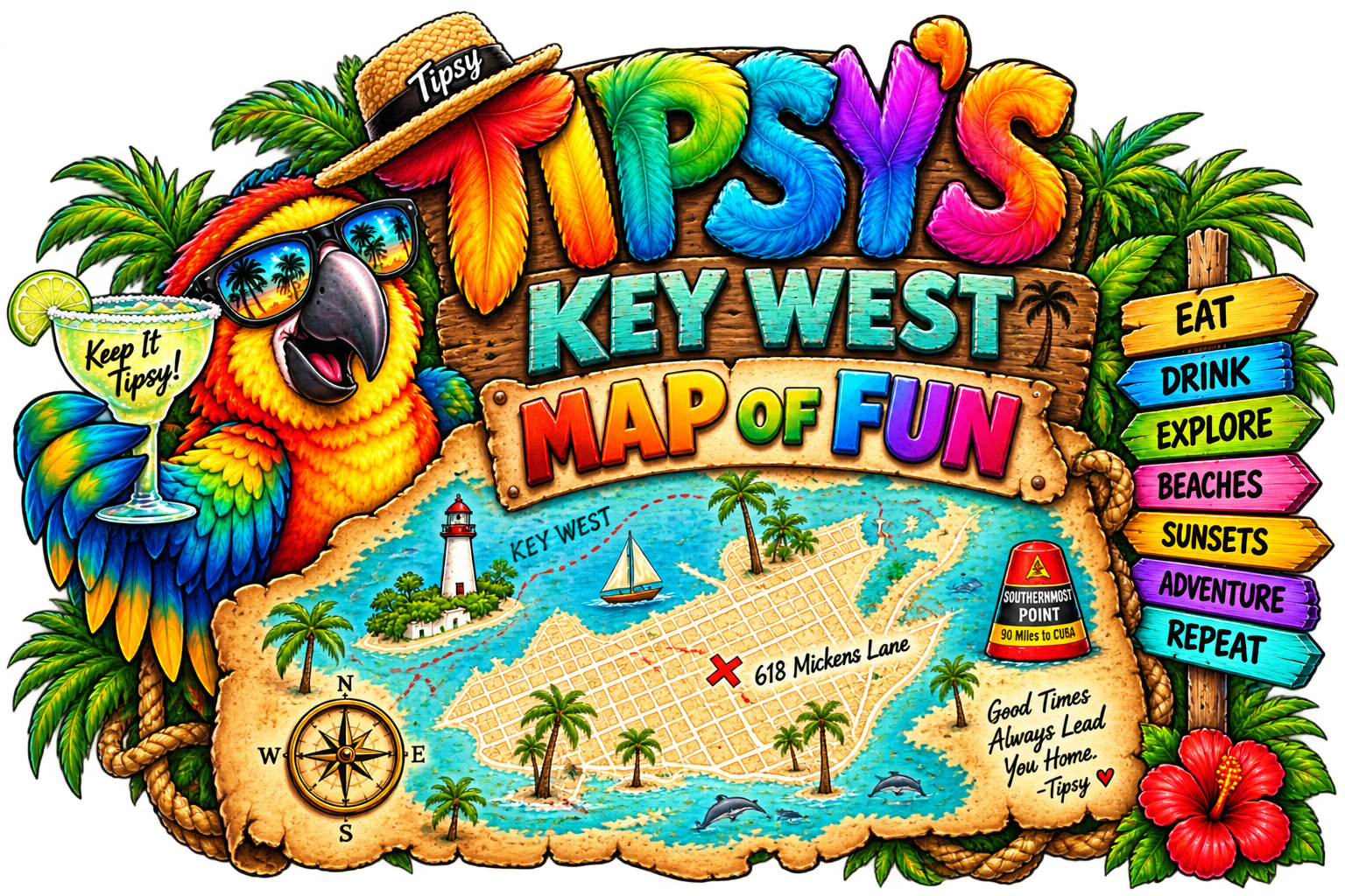 Colorful illustrated map of Key West, Florida, with a tropical parrot wearing sunglasses and a hat, surrounded by palm trees, flowers, and a lighthouse. The map highlights key locations and activities such as beaches, sunsets, adventure, and exploration, with a legend on right side. Decorative elements include a drink with a lime slice and the phrase "Keep It Tipsy!"