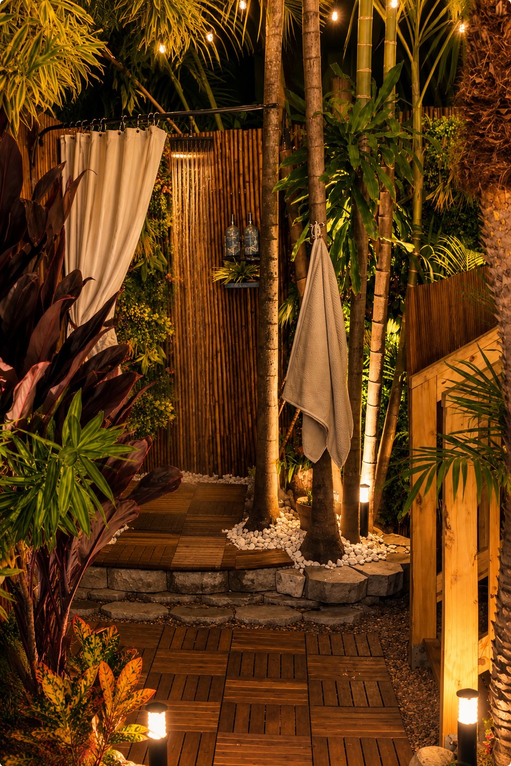 A cozy outdoor shower area decorated with tropical plants, bamboo fencing, string lights, and a towel hanging on a tree trunk at night.