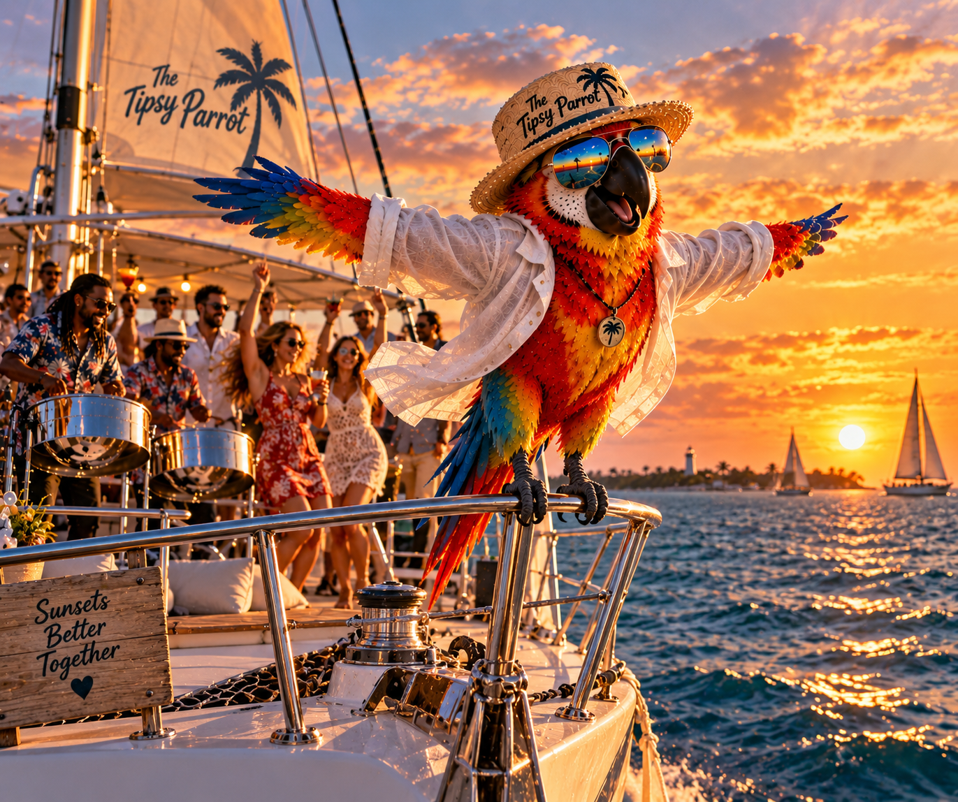 Colorful parrot mascot wearing sunglasses, a hat, and a white shirt with arms spread, standing on a yacht during sunset with a group of people dancing and playing drums, ocean with sailboats in the background, a sign reads 'Sunsets Better Together.'