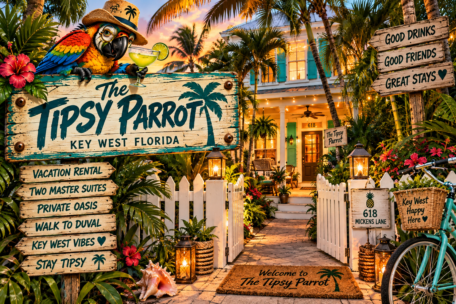 A tropical-themed house with a white picket fence, surrounded by lush plants and flowers, at sunset. The house has a porch with green shutters, string lights, and a front door. There are multiple signs advertising a vacation rental called"The Tipsy Parrot" in Key West, Florida, with signs mentioning good drinks, good friends, and great stays. Decor includes lanterns, shells, and a bicycle parked nearby.