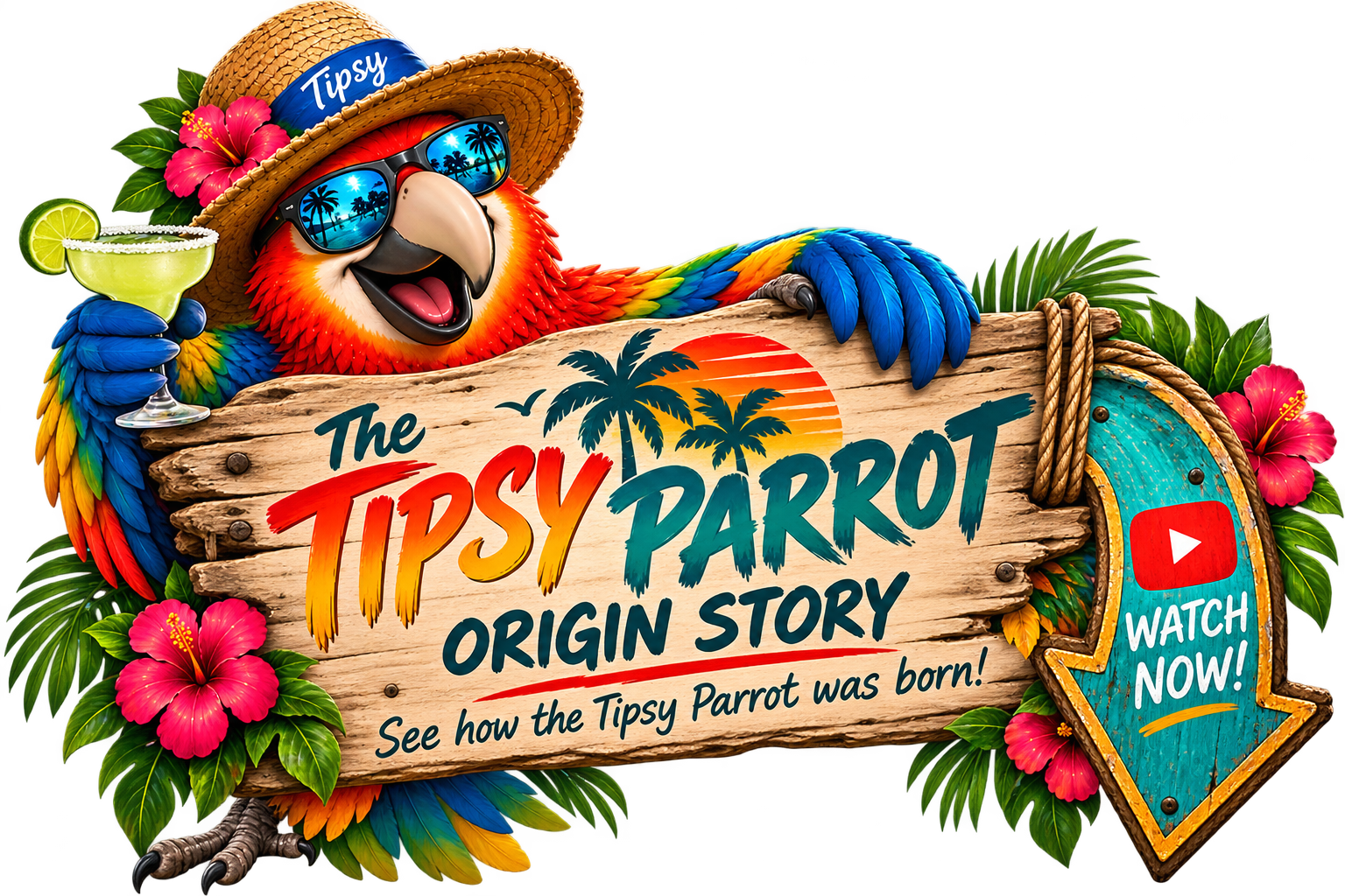 Colorful cartoon parrot wearing sunglasses and a straw hat, holding a margarita glass, sitting behind a wooden sign that reads 'The Tipsy Parrot Origin Story' with a sunset and palm trees illustration, surrounded by pink hibiscus flowers and green foliage, with a YouTube play button and 'Watch Now!' sign.