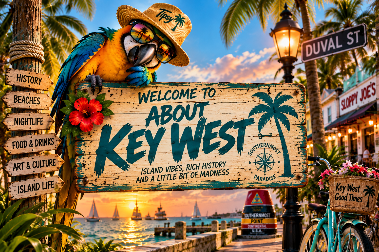 Colorful tropical scene with a sign welcoming to Key West, FL, featuring a parrot wearing sunglasses and a straw hat, palm trees, sailboats on the water at sunset, and various signs pointing to local attractions.