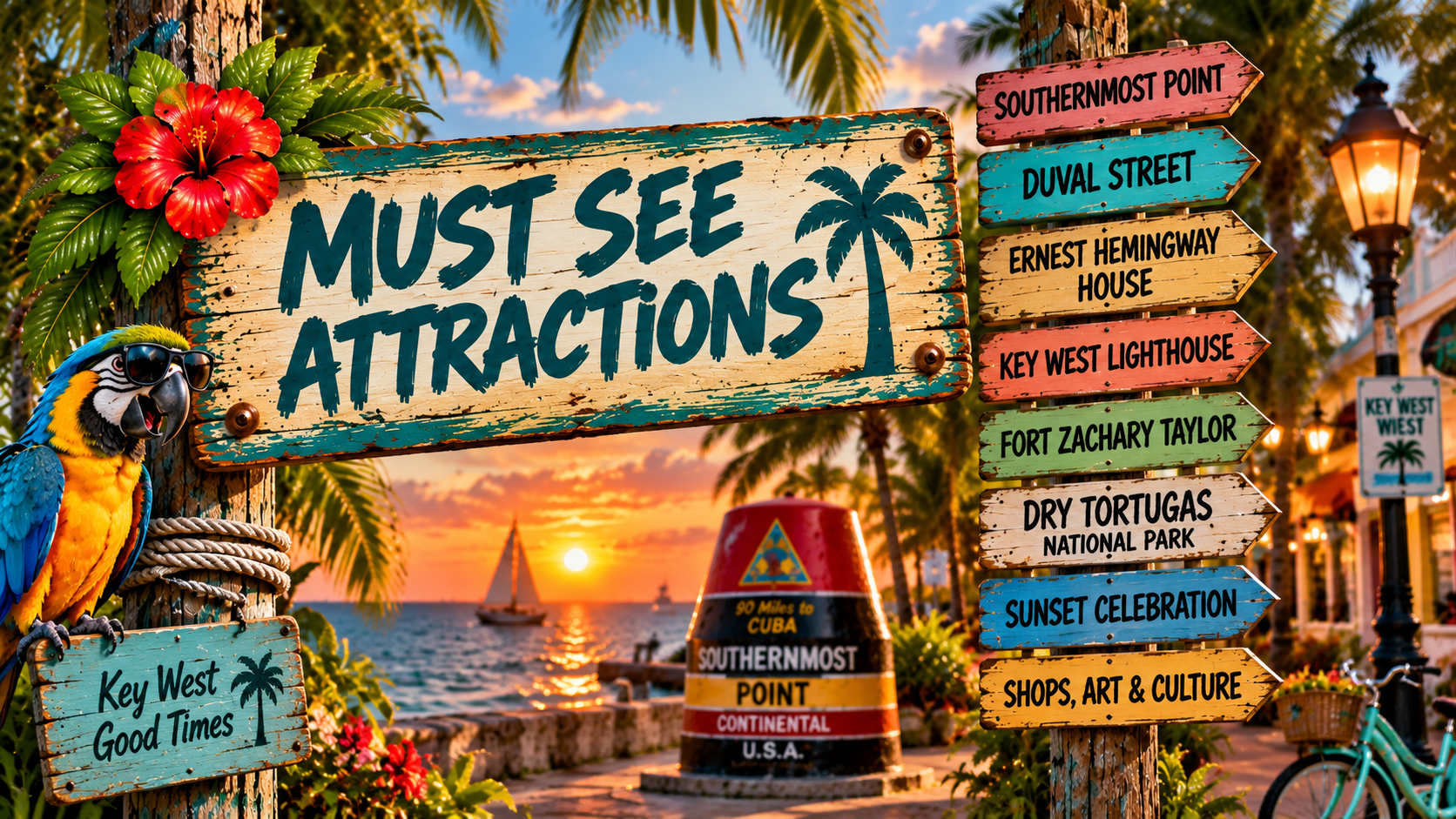 Colorful tropical scene with a sunset over the ocean, featuring a sailboat, palm trees, and a boardwalk with multiple signs pointing to attractions in Key West, Florida. Signs include 'Southernmost Point,' 'Duval Street,' 'Ernest Hemingway House,' 'Key West Lighthouse,' 'Fort Zachary Taylor,' 'Dry Tortugas National Park,' 'Sunset Celebration,' and 'Shops, Art & Culture.' A parrot wearing sunglasses is perched on a pole with a sign reading 'Key West Good Times.'