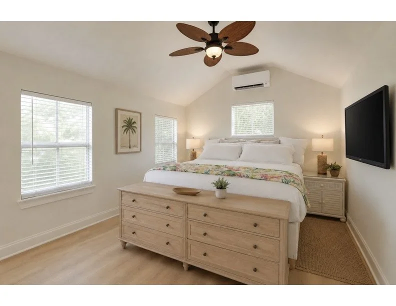 Bright bedroom with a large bed, two nightstands with lamps, a wooden dresser at the foot of the bed, a wall-mounted TV, and multiple windows with blinds, decorated with a palm print picture and a ceiling fan.