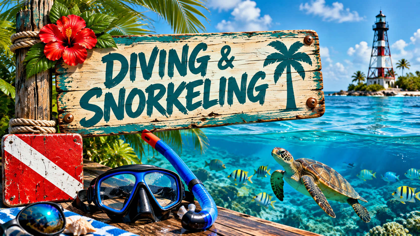 A tropical scene with a sign that says 'Diving & Snorkeling', surrounded by a red hibiscus flower and green leaves, with snorkeling gear including a mask and snorkel on a wooden dock. Underwater, a sea turtle swims among tropical fish. In the background, there is a lighthouse on an island, tropical plants, and a bright blue sky with some clouds.