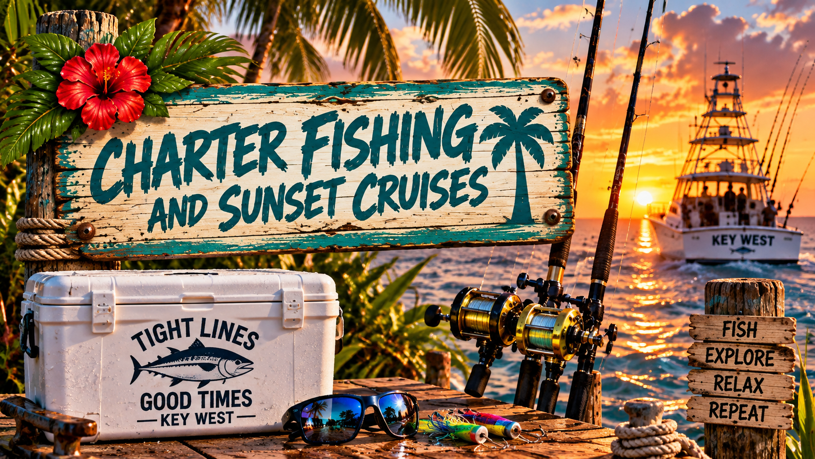 Fishing gear and supplies on a dock at sunset, with a boat on the water, a colorful sunset sky, tropical plants, and signs advertising charter fishing and sunset cruises.