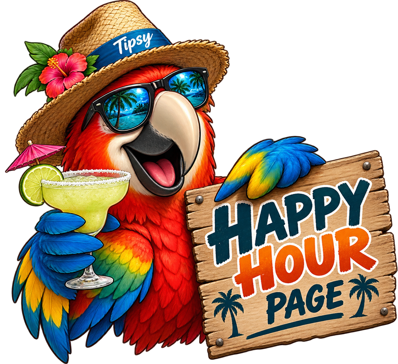 Colorful parrot wearing sunglasses and a straw hat with a hibiscus flower and a tipsy blue ribbon, holding a lime margarita with a small pink umbrella, and a wooden sign that reads 'Happy Hour Page' with palm tree illustrations.