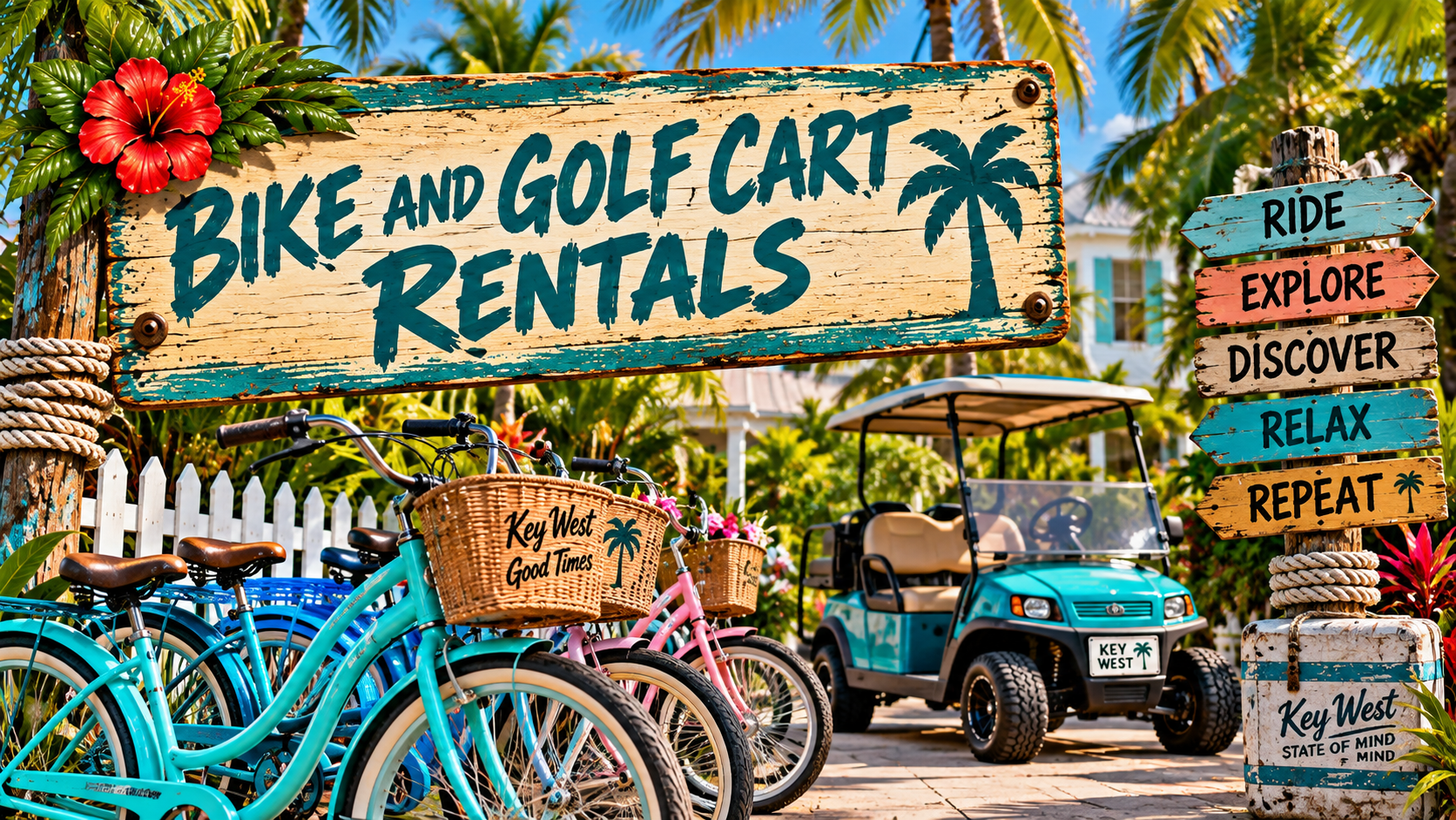 Colorful sign advertising bike and golf cart rentals with flowers, bicycles, a golf cart, and directional signs in a tropical setting.