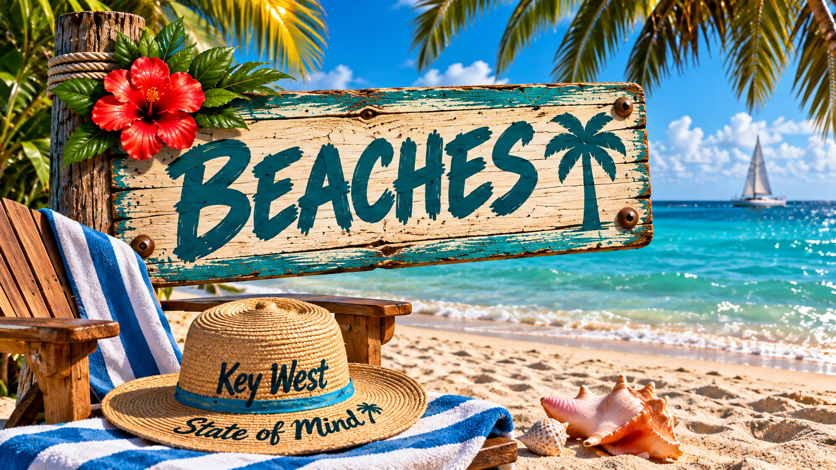 A tropical beach with a wooden sign that says 'BEACHES' and has a palm tree illustration. There is a lounge chair with a blue and white striped towel, a straw hat labeled 'Key West State of Mind,' seashells, and vibrant tropical flowers. The background features clear turquoise water, a sailboat, and a blue sky with some clouds.