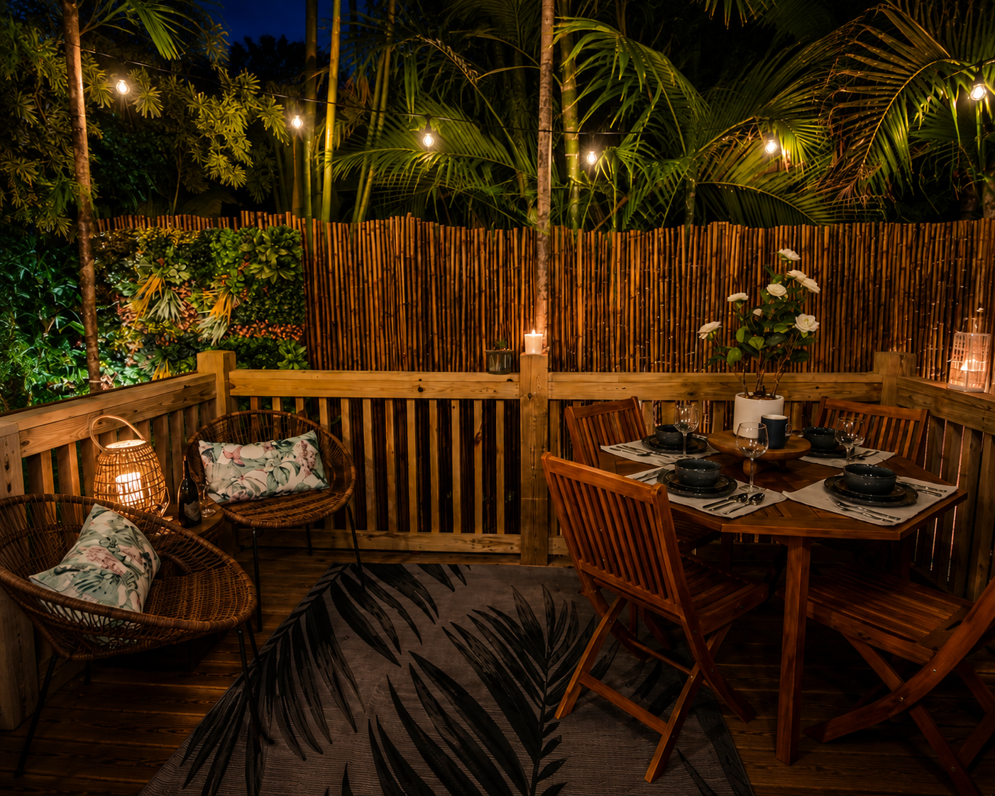 A cozy outdoor dining area at night with a wooden table set with black bowls, wine glasses, and silverware, surrounded by wooden chairs and decorative cushions with tropical patterns, enclosed by a bamboo fence and lush green foliage, lit with string