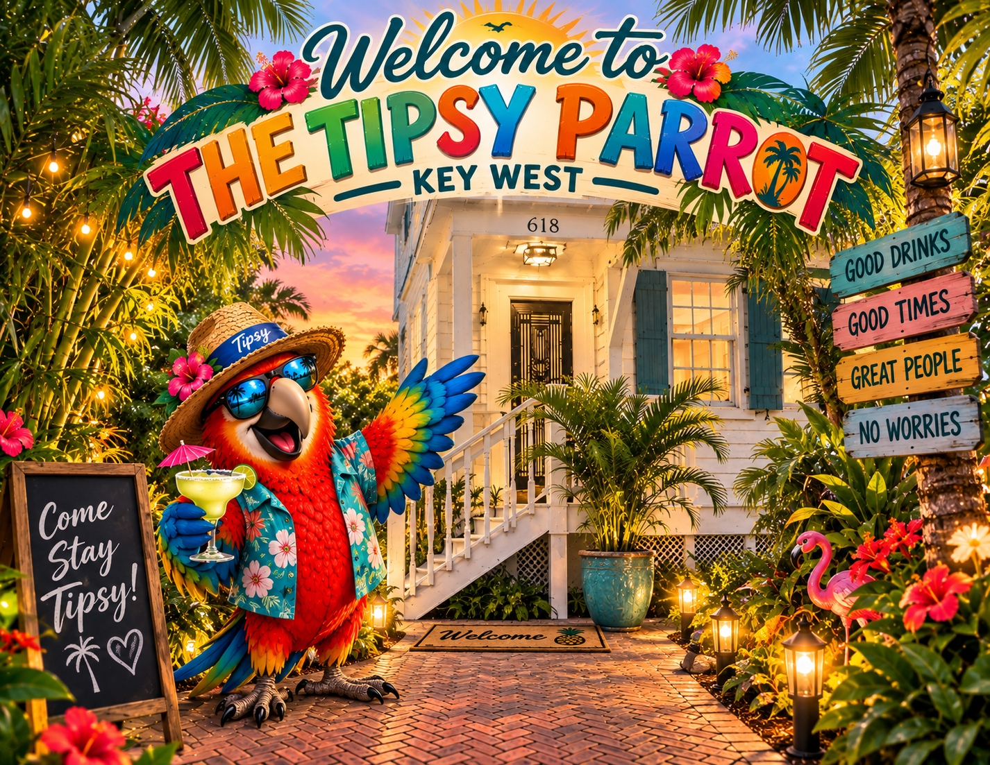 Colorful tropical scene with a sign saying 'Welcome to the Tipsy Parrot, Key West'. A parrot mascot wearing sunglasses, a straw hat decorated with a pink flower and a blue Hawaiian shirt, holding a cocktail. Bright flowers, green foliage, a white house with blue shutters, and a sunset sky in the background.