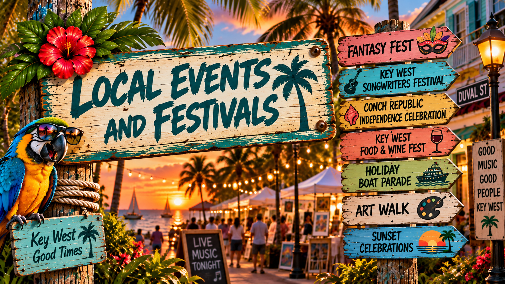 Colorful signboard showcasing local events and festivals at sunset near palm trees and a waterfront with boats, featuring directions to various festivals, a parrot wearing sunglasses, and another sign promoting live music tonight.