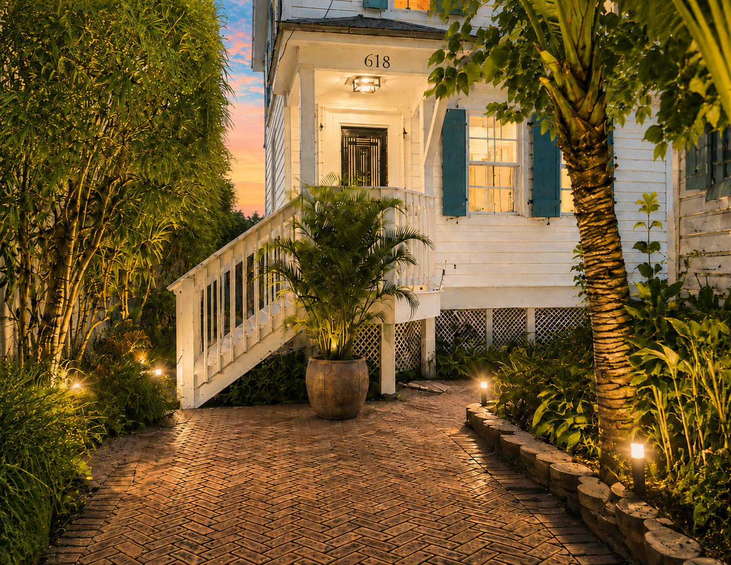 A white house with blue shutters at sunset, with a brick pathway and tropical plants and trees illuminated by ground lights.
