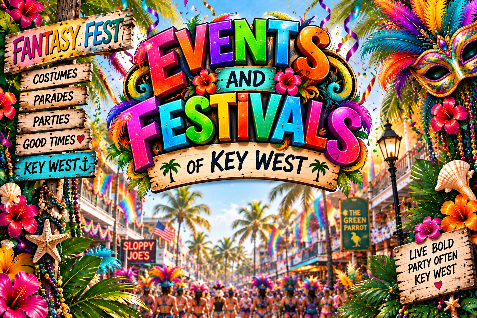 Colorful sign for the Fantasy Fest celebrating events and festivals of Key West, featuring tropical decorations, street parade with dancers in costumes, and vibrant decorations, showcasing tropical flowers, seashells, and banners.