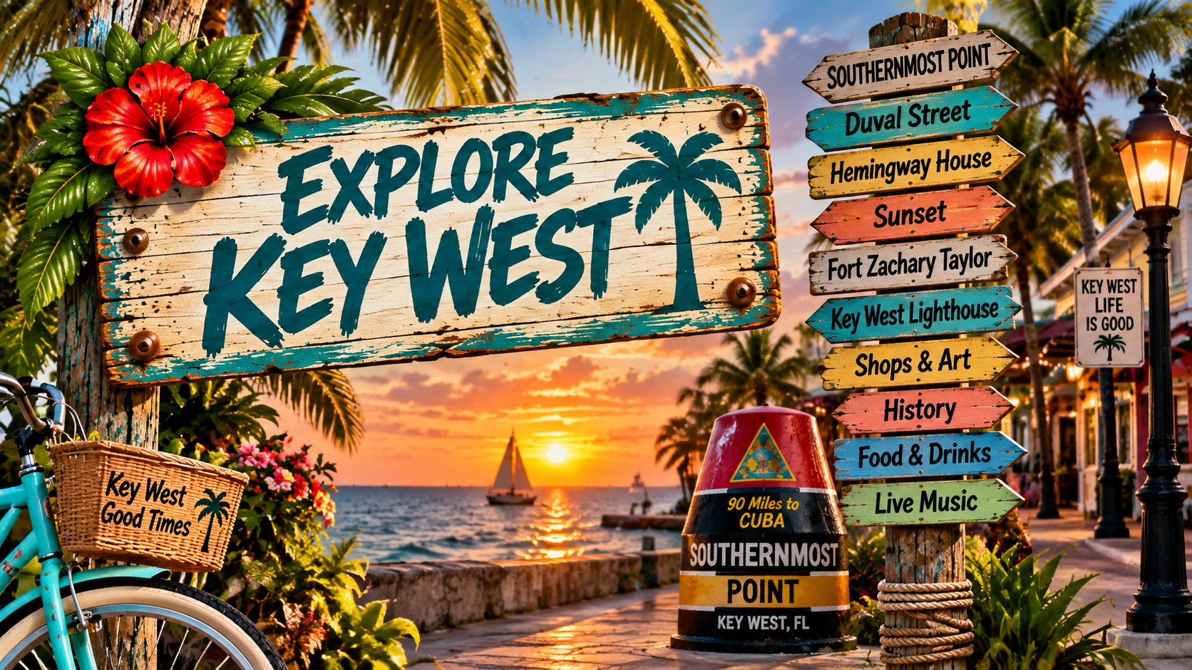 A colorful signboard at Key West displays various attractions and directions, with a sunset over the ocean in the background. The sign includes options like Duval Street, Hemingway House, Sunset, Fort Zachary Taylor, Key West Lighthouse, Shops & Art, History, Food & Drinks, and Live Music. Additional signage indicates the location is 90 miles to Cuba, with a bicycle and a basket in the foreground, and tropical plants and palm trees surrounding the area.