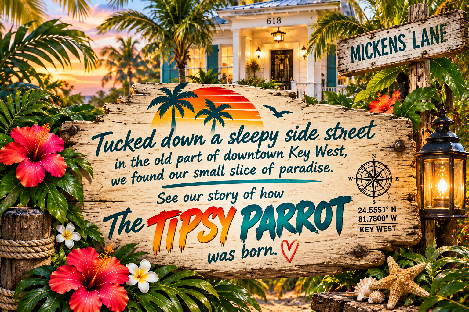 Wooden sign on tropical foliage with pink and white flowers, starfish, and seashells, featuring text about Tucky the parrot and the Keys of Key West at sunset.