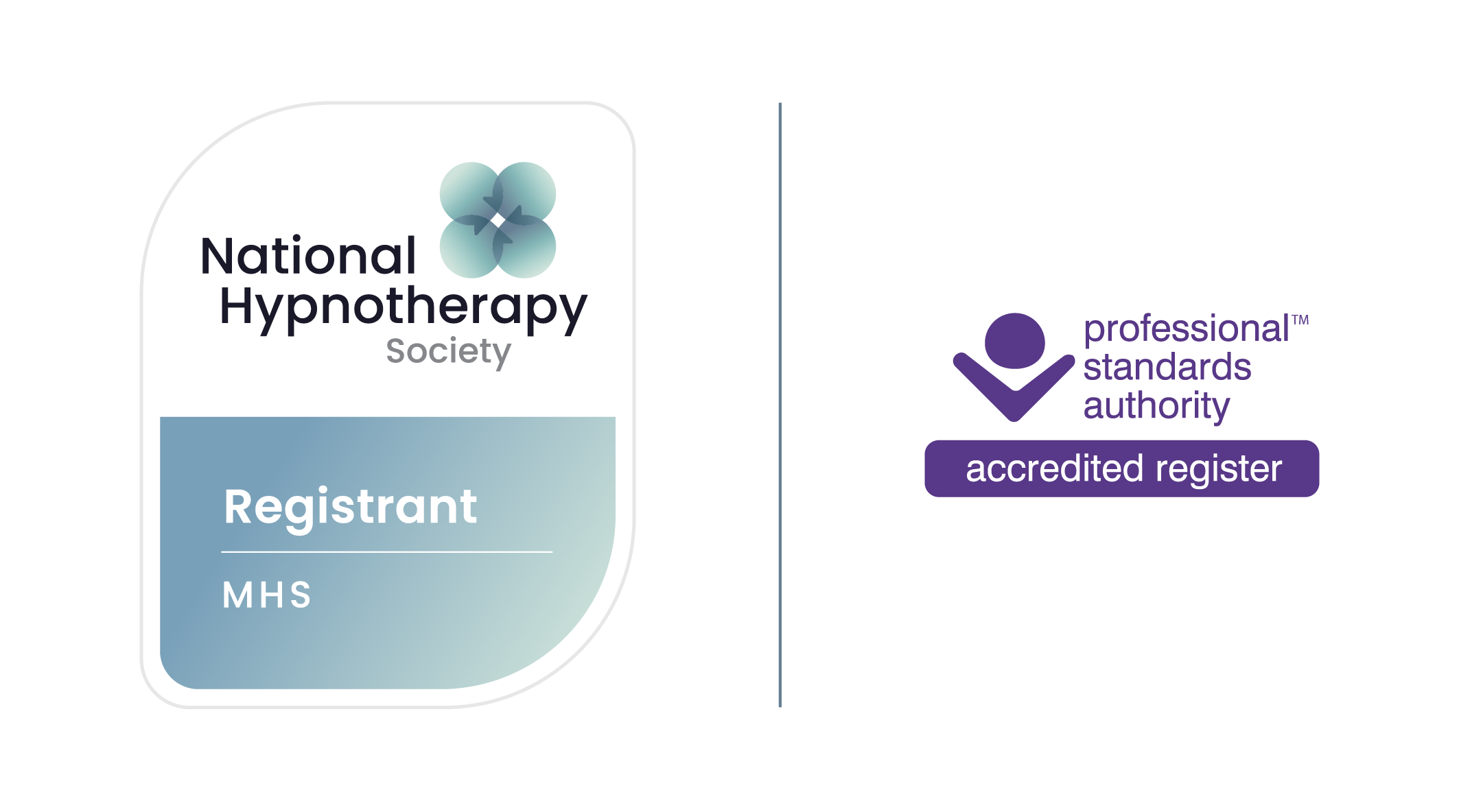 A registration badge for the National Hypnotherapy Society featuring the logo, the word 'Registrant,' and a purple label that reads 'accredited register.'