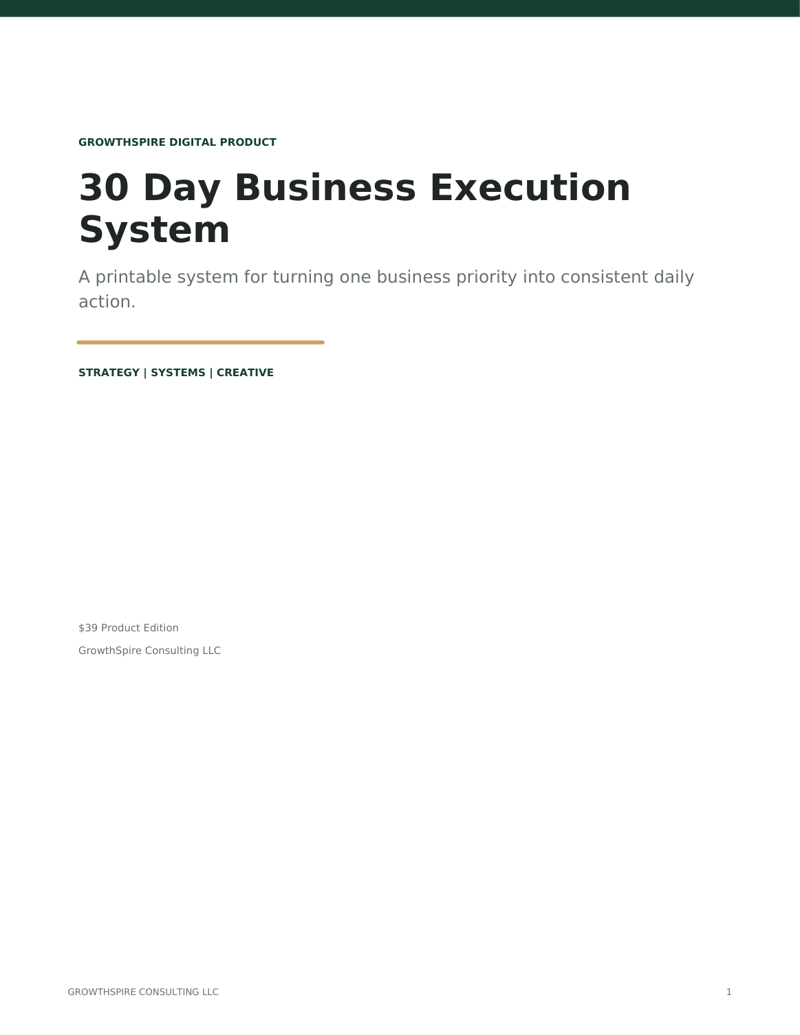 30-Day Business Execution System — GrowthSpire Strategy, Systems, Creative digital download
