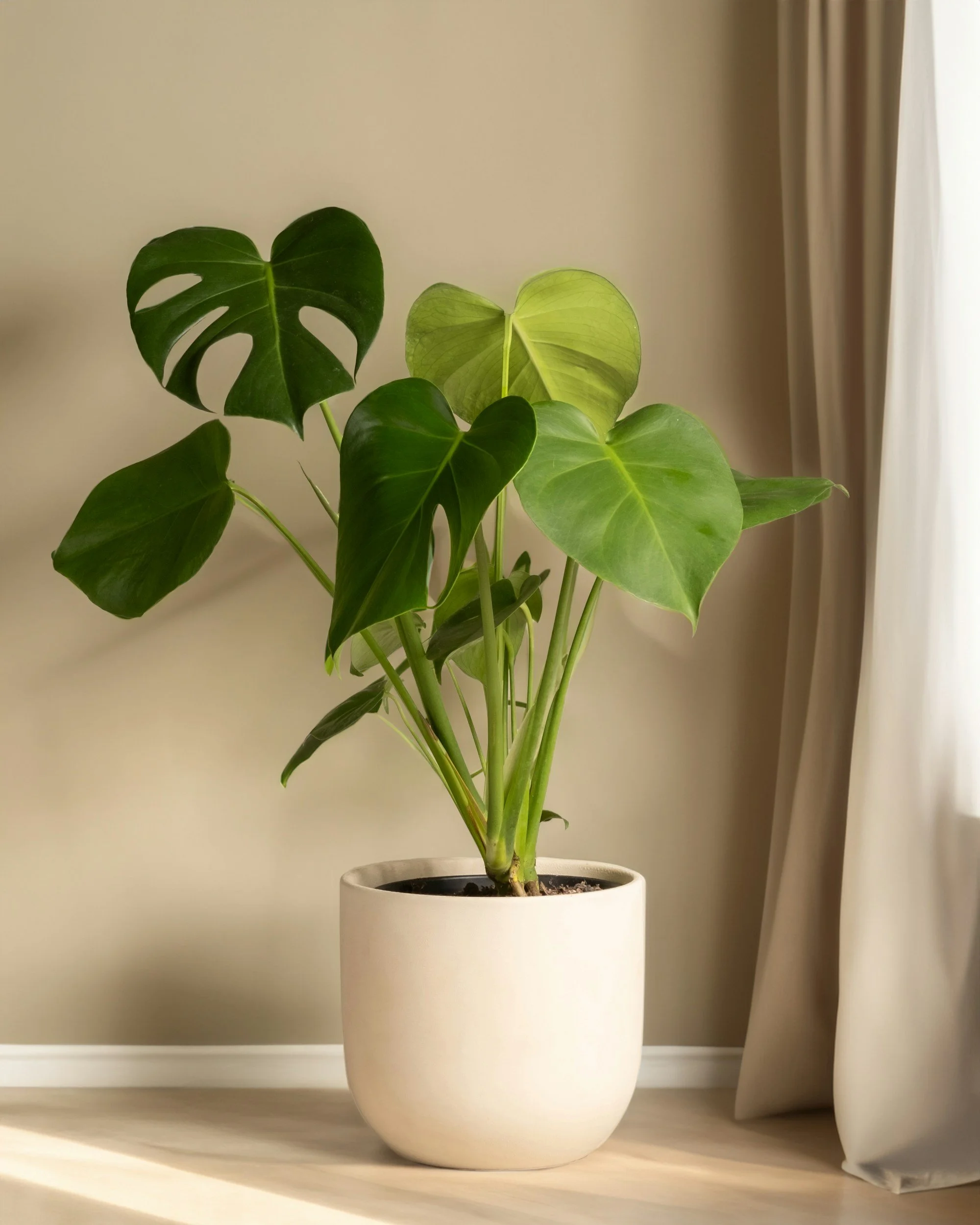 A potted Monstera plant in a white ceramic pot placed on a shelf next to a window with curtains.