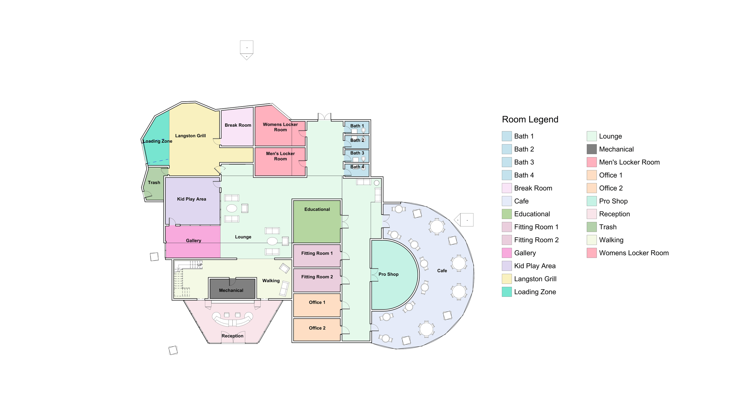 "Tier to Tee"  1st floor plan of a proposed redesign for  the Langston Golf Course Clubhouse. Revit.