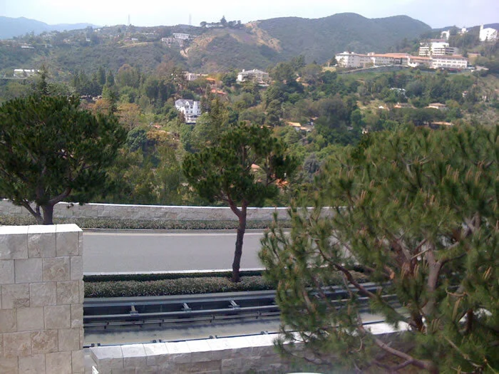 The tracks of the Getty tram and a view of the hills.