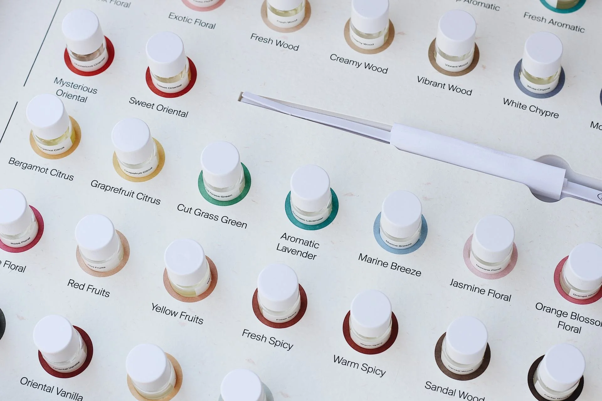 A display of various small vials of essential oils with white caps, arranged in a grid. Labels include scents like 'Sweet Oriental,' 'Bergamot Citrus,' 'Cut Grass Green,' and 'Marine Breeze.' The background shows part of a chart with scent categories such as 'Exotic Floral' and 'Fresh Wood'.
