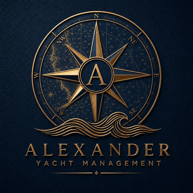 Gold and navy emblem with a nautical compass and waves, featuring the text 'Alexander Yacht Management'.
