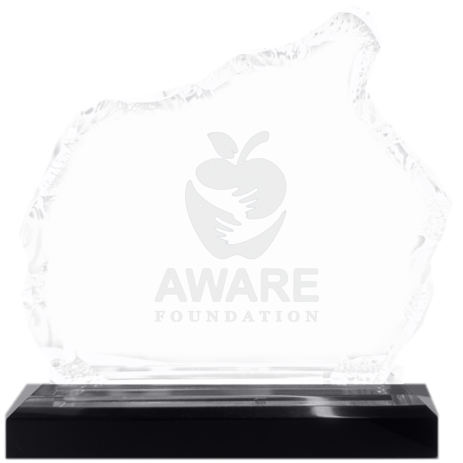 Glass award with the Apple logo and the words 'AWARE Foundation' engraved on it, placed on a black base.