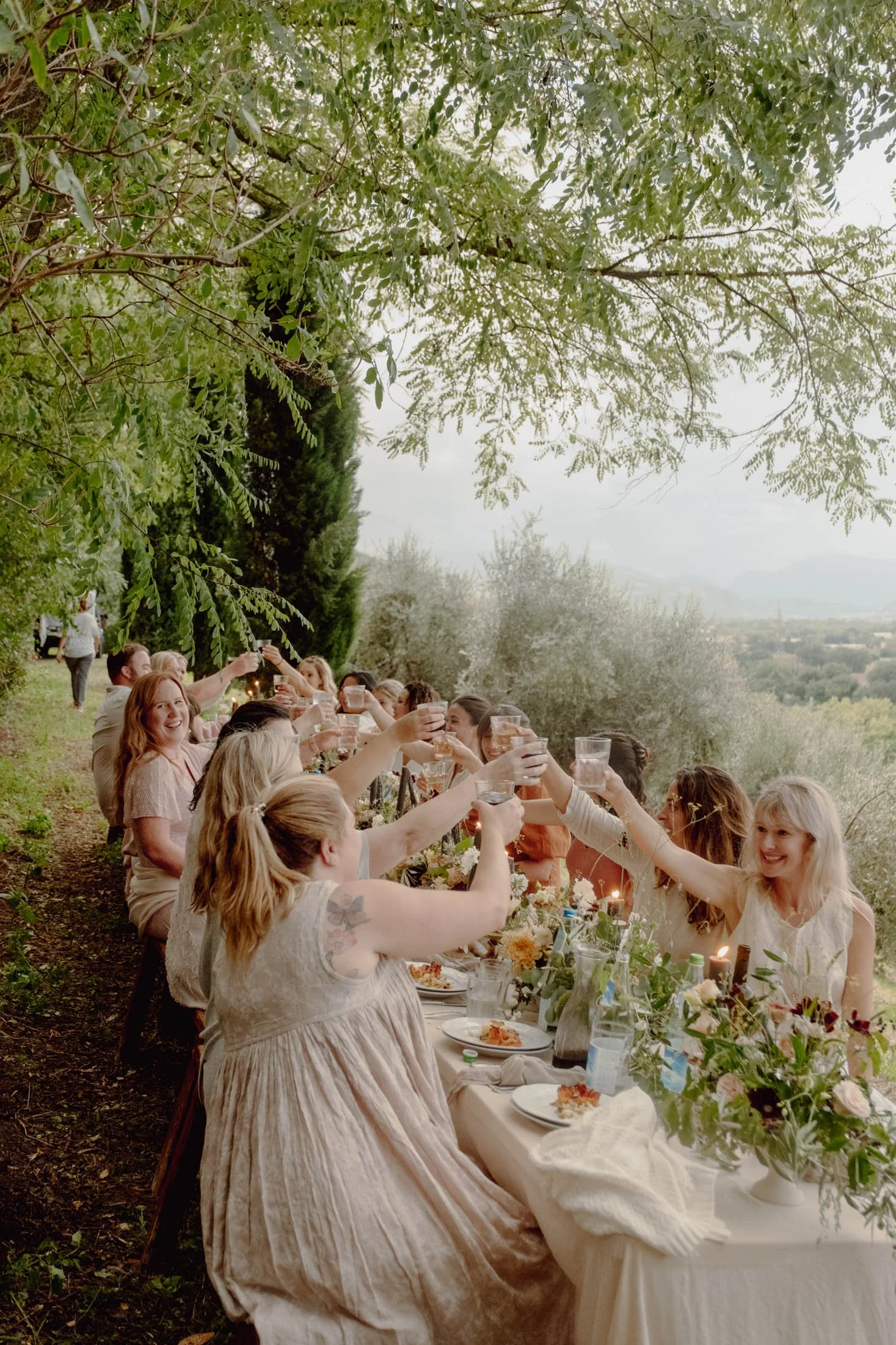 People celebrating at an outdoor dinner table surrounded by trees, toasting with drinks, with a scenic view in the background.