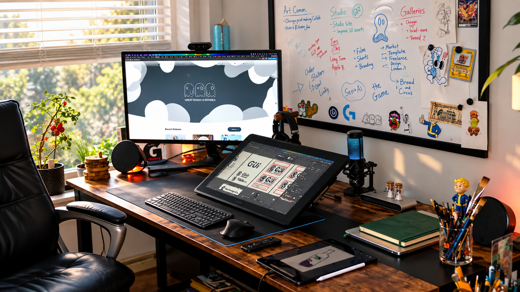 A well-organized home office workspace with two monitors, a keyboard, a mouse, a graphic tablet, and various stationery items. The workspace features a whiteboard with colorful notes, drawings, and stickers on the right side, and a large window with blinds revealing greenery outside. There are decorative plants, a toy figurine, and audio equipment on the desk, creating a creative and productive environment.