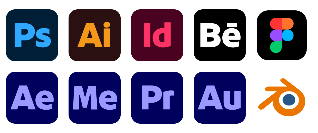 Icons of Adobe Creative Cloud applications, including Photoshop, Illustrator, InDesign, Behance, Adobe Fresco, After Effects, Adobe Media Encoder, Premiere Pro, Adobe Audition, and Blender.