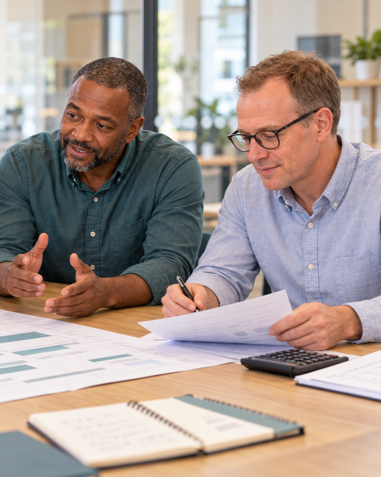 Two coworkers reviewing documents and charts at an office table, with a calculator and notebooks nearby.
