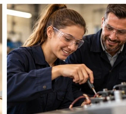 Woman wearing safety glasses using a tool on machinery while a male colleague assists in a workshop