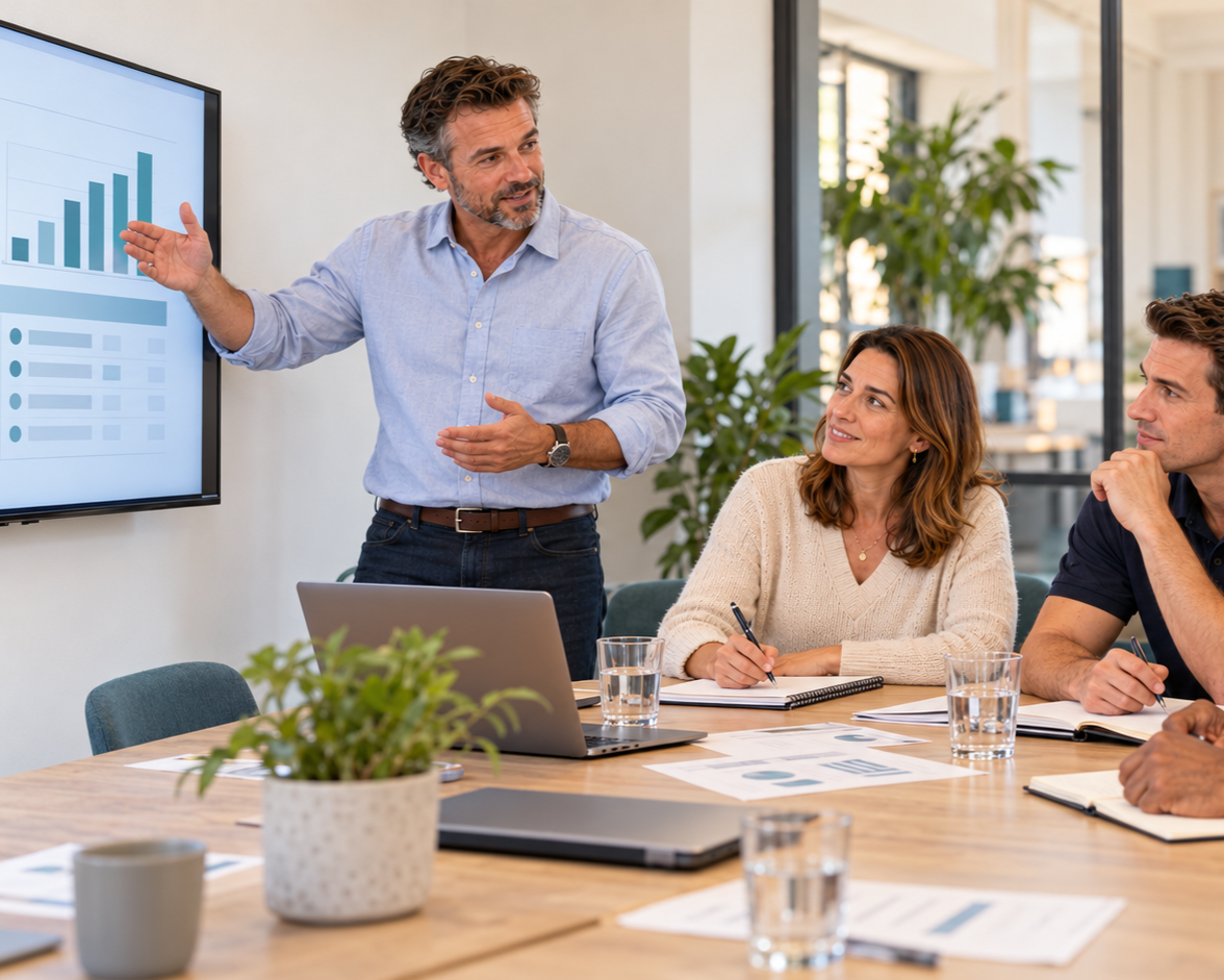 Business team meeting with presenter pointing to a bar chart on a display