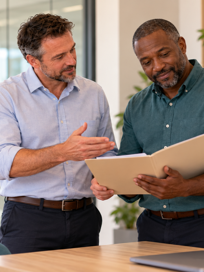 Two coworkers review documents together in a modern office.