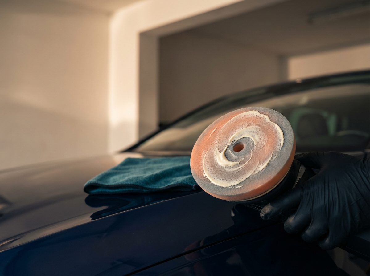 Person wearing black gloves using a polishing pad on a dark blue car's hood in a garage.