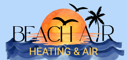 Sunset over the ocean with a palm tree and seagulls, with the text 'BEACH AIR HEATING & AIR'.