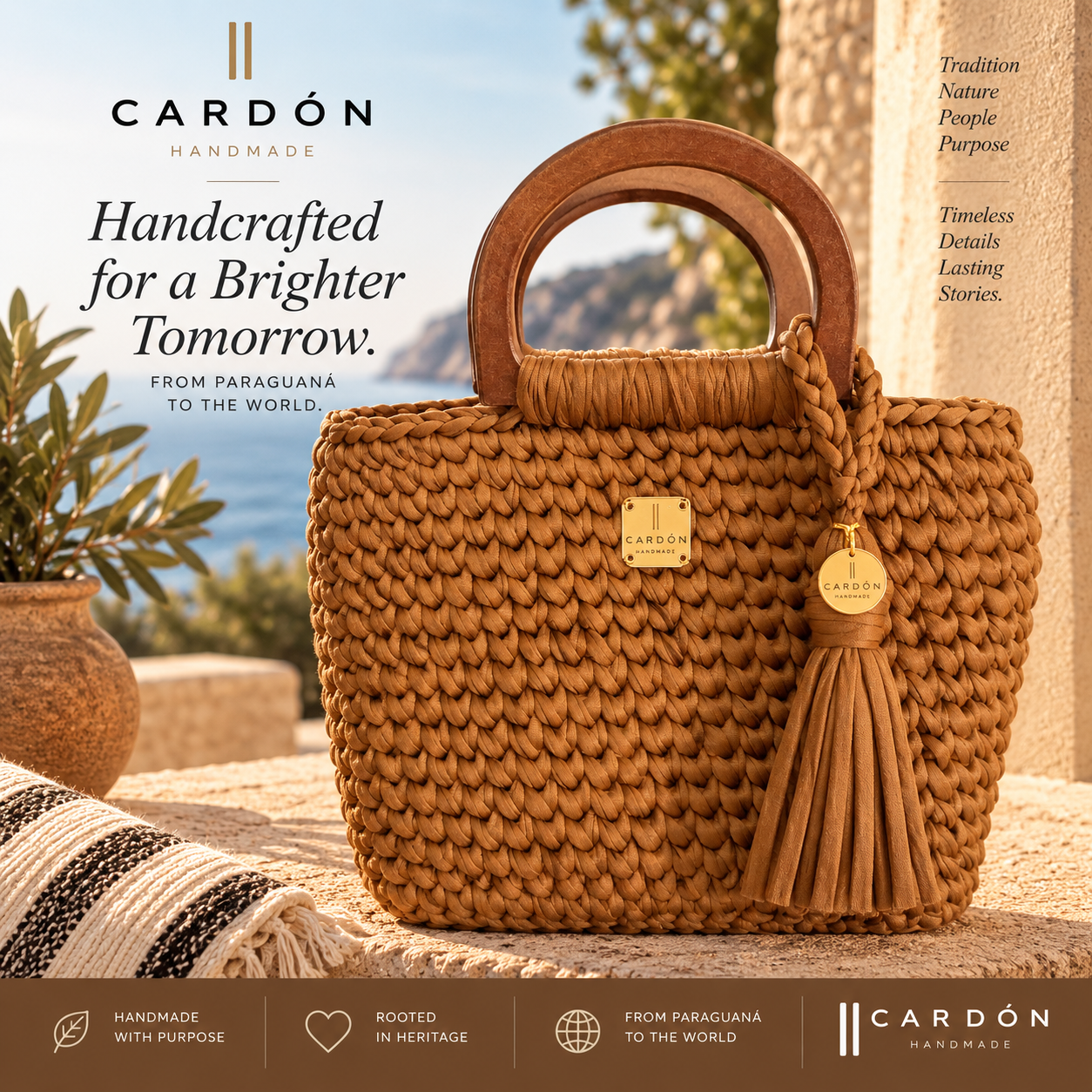 Tote Light Brown Wood Handles Small
