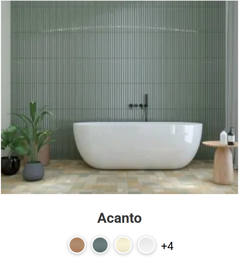 A modern bathroom with a freestanding white bathtub, green textured wall, wooden side table with bottles, and a potted plant.