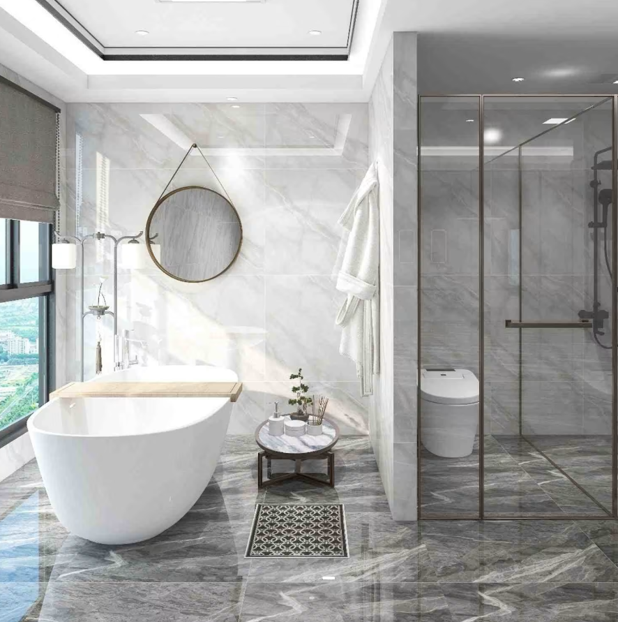 Modern bathroom with a free-standing bathtub, a round mirror, a small round table with toiletries, a glass-enclosed shower, and a window with city view.