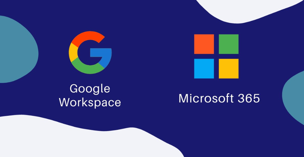 Comparison graphic showing Google Workspace and Microsoft 365 logos with their names underneath on a blue and white abstract background.