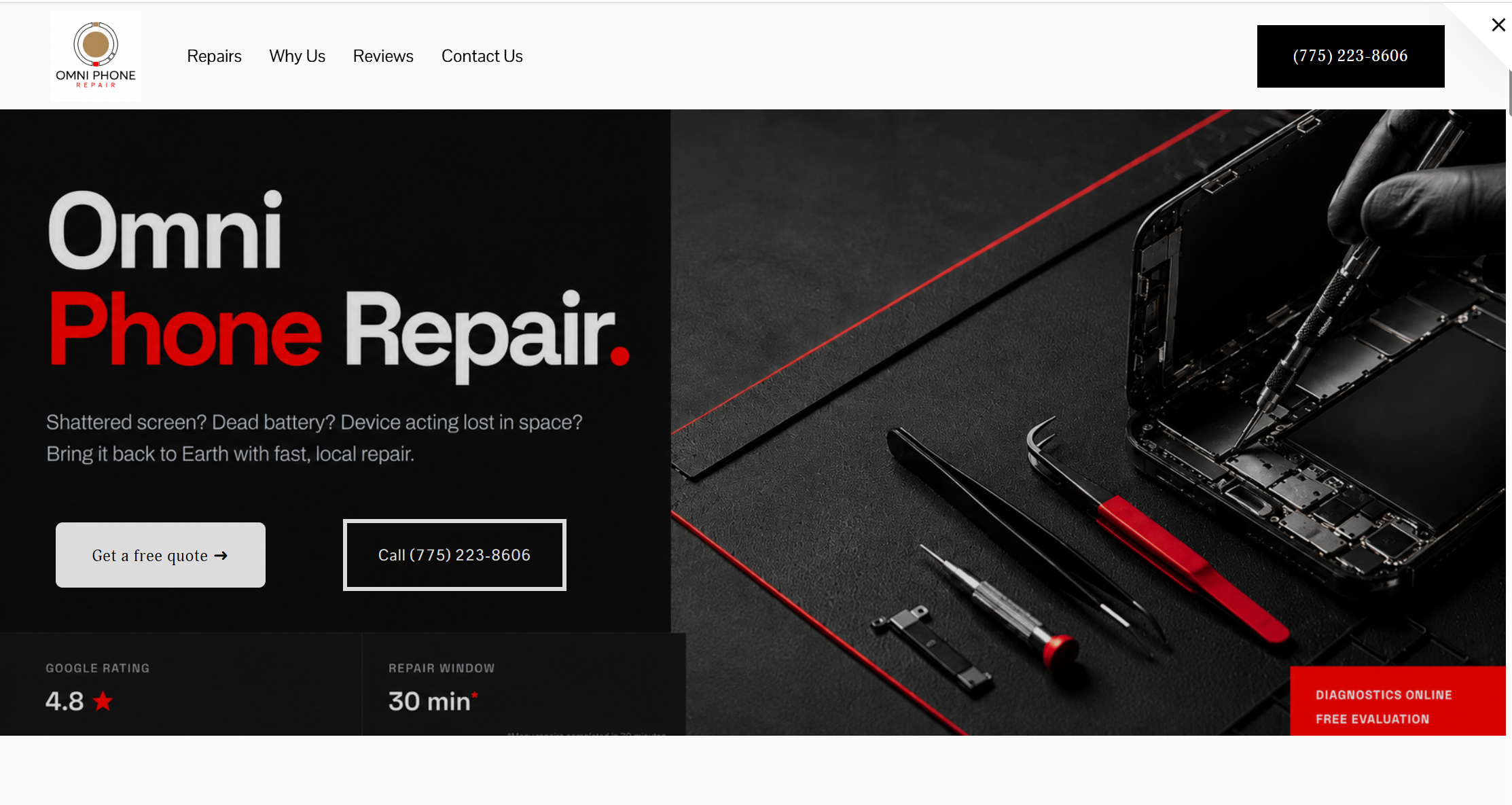 A website for Omni Phone Repair showing tools and a disassembled smartphone on a black surface, with text about phone repair services.