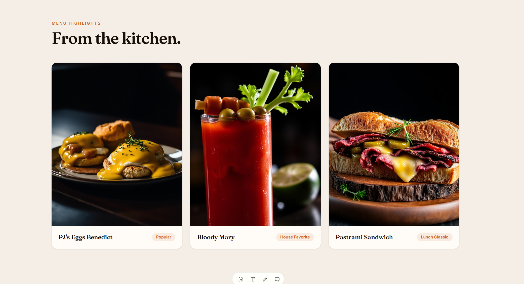 Three food items are shown: a plate of eggs Benedict with hollandaise sauce, a Bloody Mary cocktail garnished with celery and olives, and a pastrami sandwich with melted cheese on rye bread.