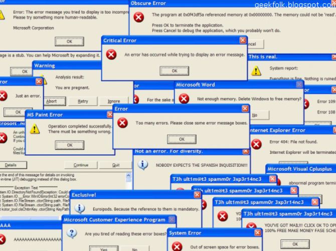 A computer screen filled with numerous error and warning message boxes from Windows and various programs, overlapping each other with error icons, warnings, and informational prompts.